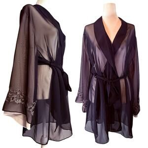 VTG Y2k Embroidered Whimsigoth Black Sheer Robe SIZE L/XL Womens Sexy Dark Fairy